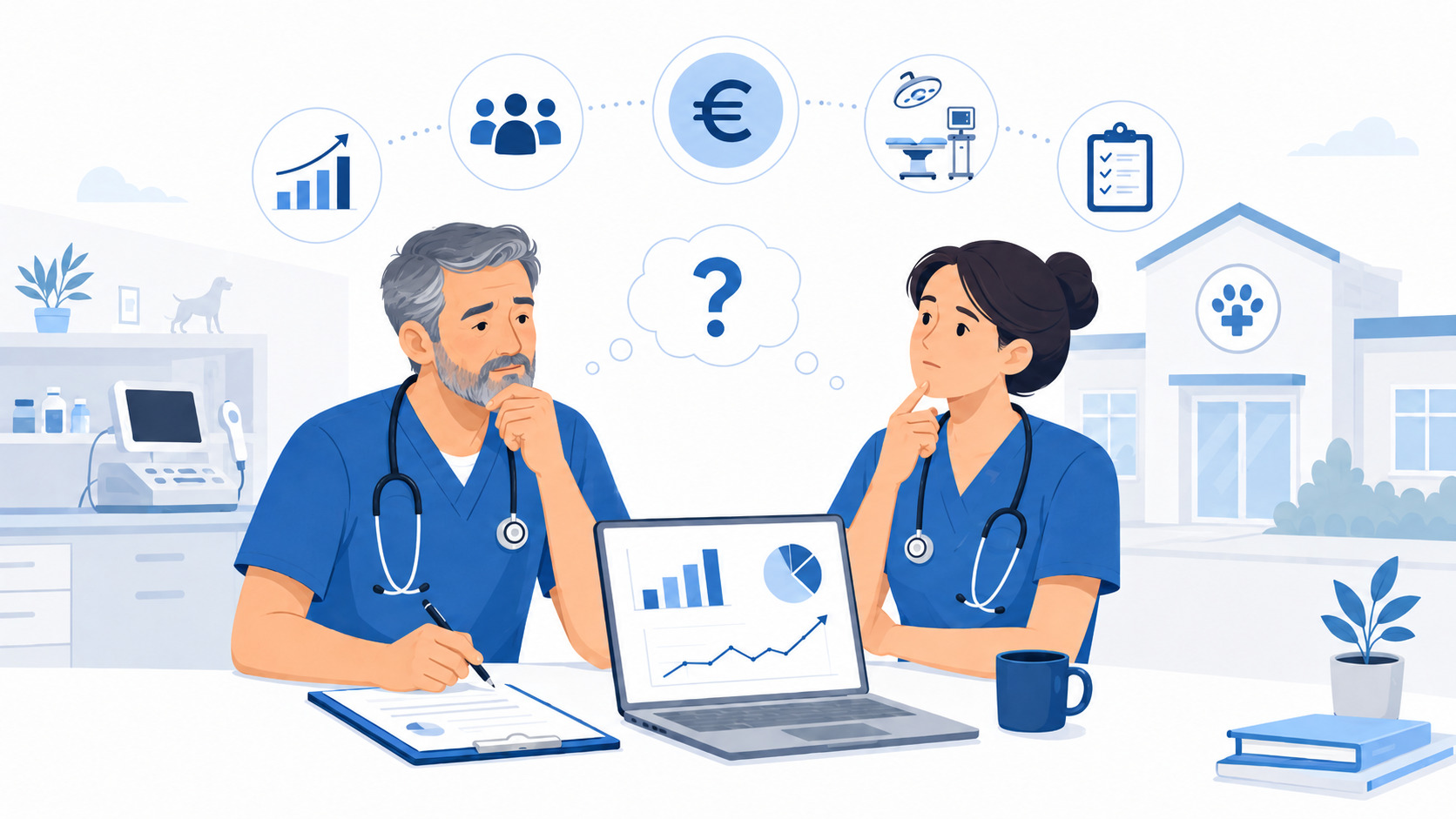 Veterinario e veterinaria analizzano i dati economici per stimare il valore di una clinica veterinaria