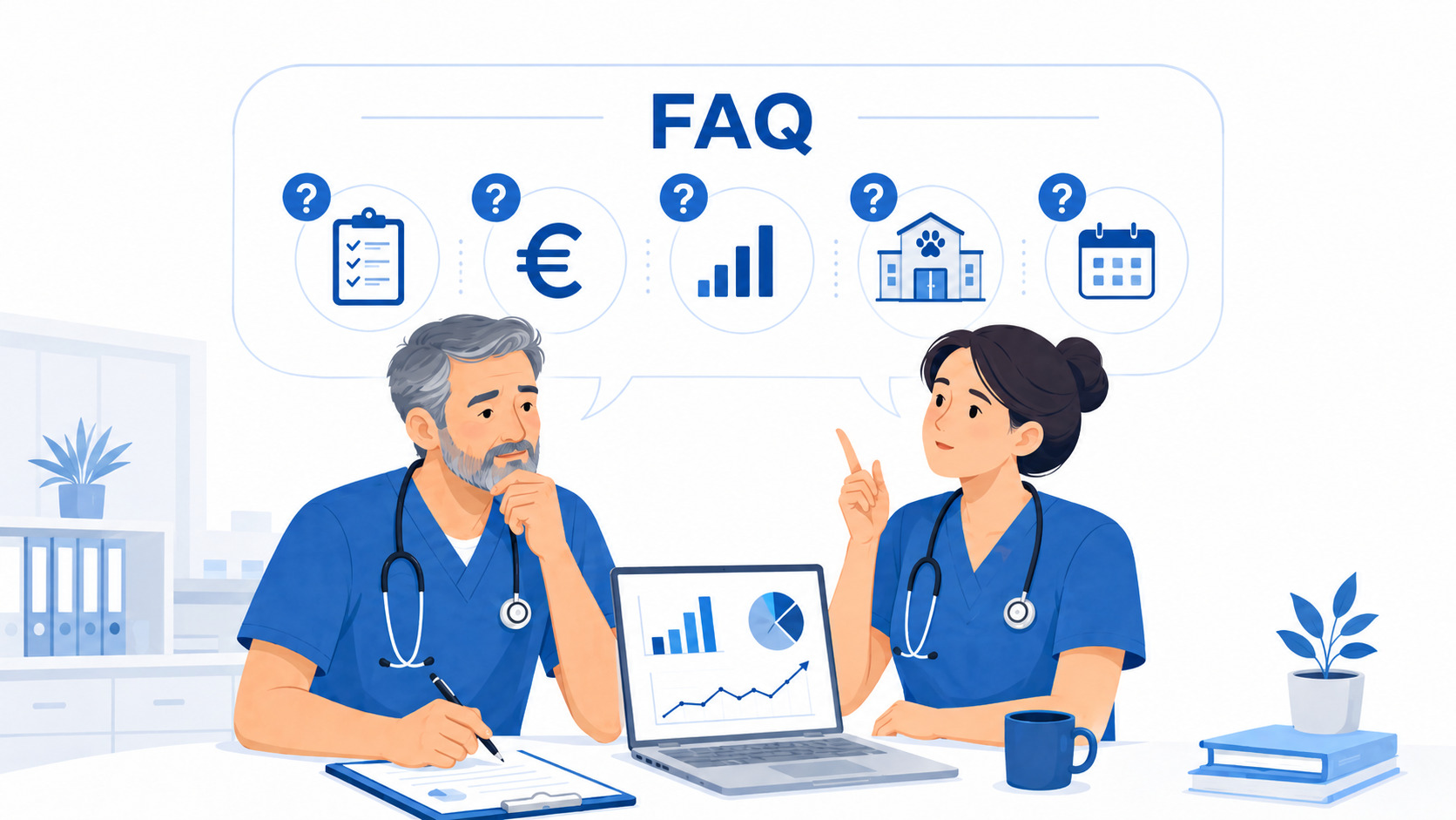 Veterinario e veterinaria discutono le domande frequenti sul valore di una clinica veterinaria